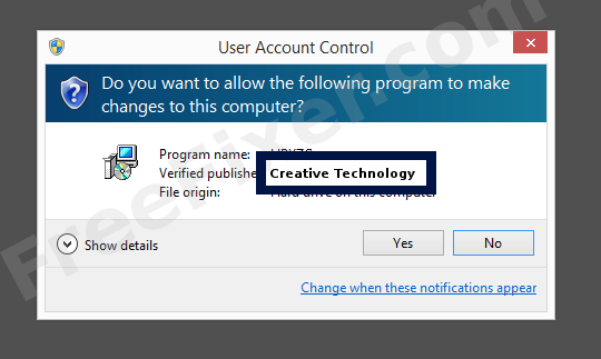Screenshot where Creative Technology appears as the verified publisher in the UAC dialog